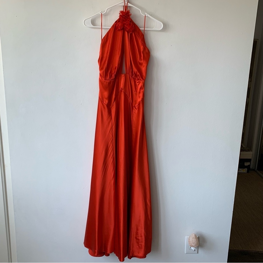 NWT Doen Lilaia Silk Rosette Rose Halter Maxi Dress Gown Fiery Coral Red - Picture 12 of 16